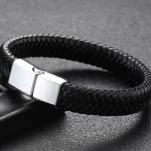 Leather Single Layer Silver Buckle Black Leather Bracelet