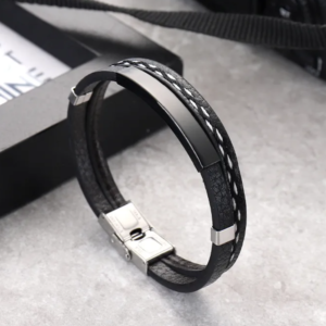 Black Bracelet Men Leather Bracelet with stainless steel plate
