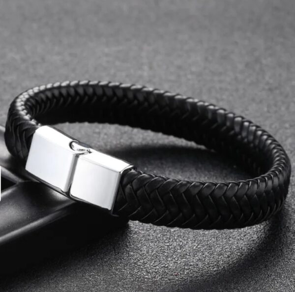 Leather Single Layer Silver Buckle Black Leather Bracelet - Image 2