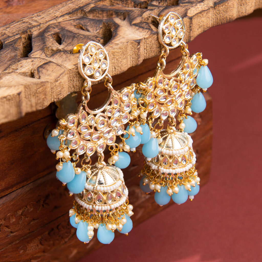 Ziya Aqua Kundan Bloom Jhumkas - Image 2