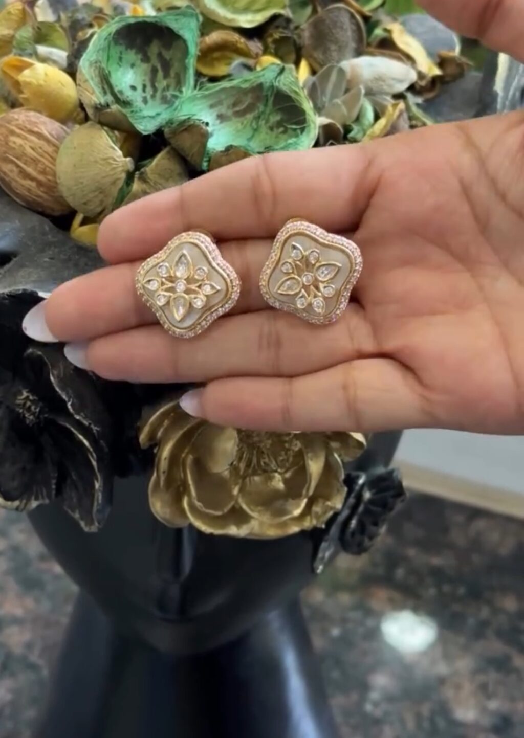 Aarohi Champagne Beige Polki Moissanite Stud Earrings