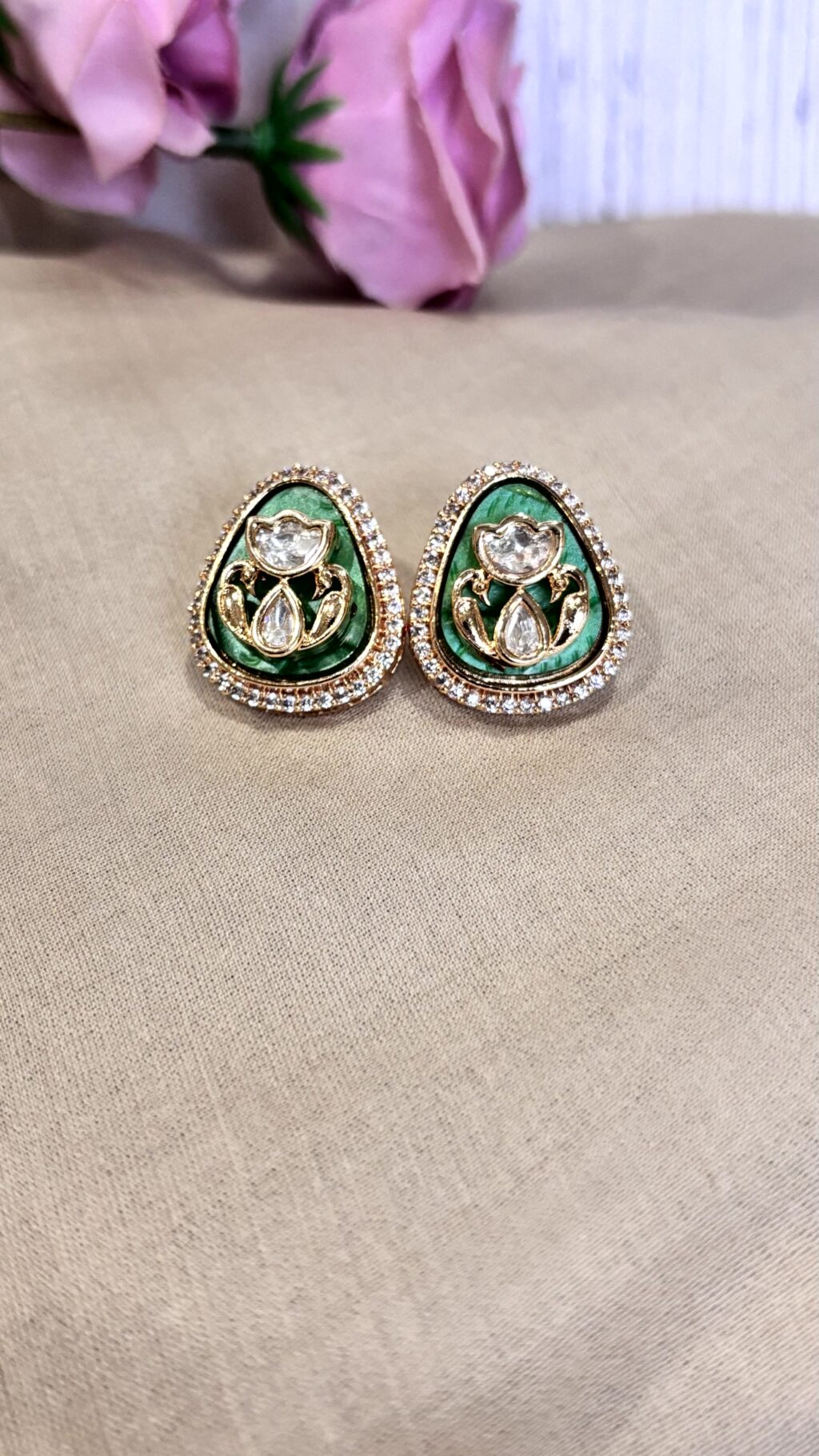 Anvi Cobalt Green Polki Moissanite Stud Earrings - Image 2