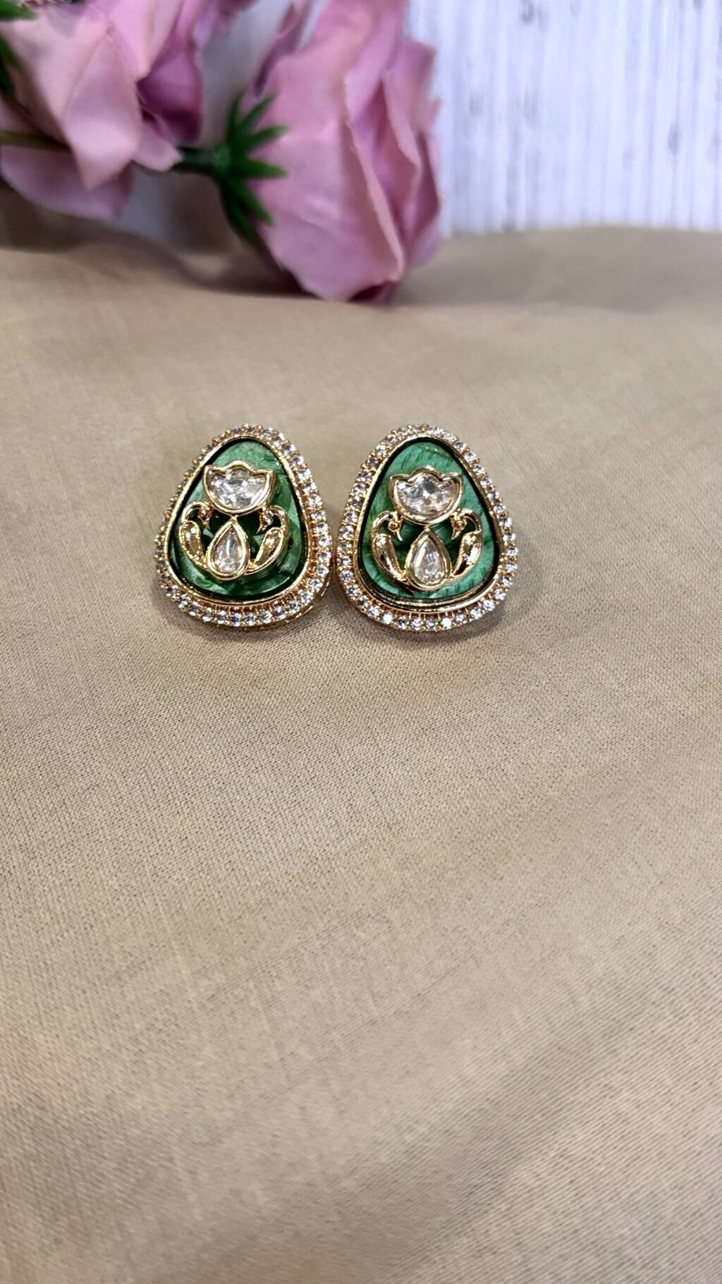Anvi Cobalt Green Polki Moissanite Stud Earrings
