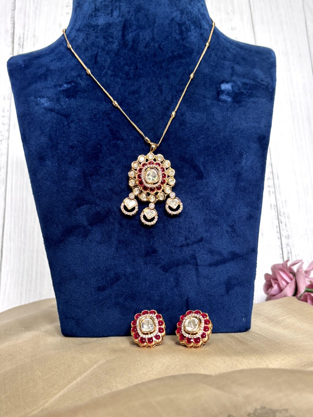 Aarohi Ruby Moissanite Polki Pendant Set - Image 2