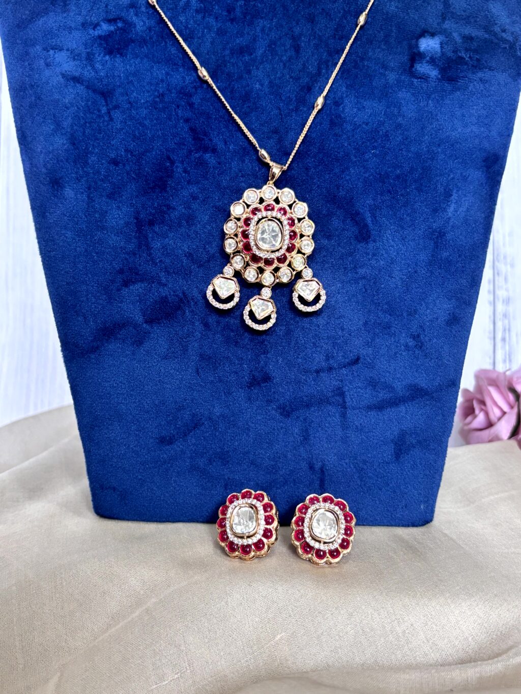 Aarohi Ruby Moissanite Polki Pendant Set